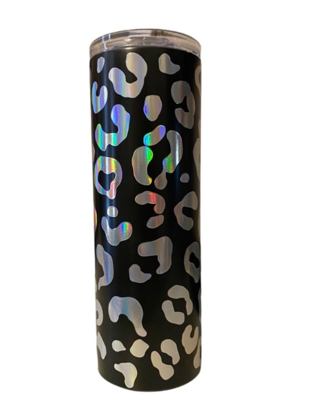 Matte Black Slim Travel Mug w/ Holographic Leopard Print